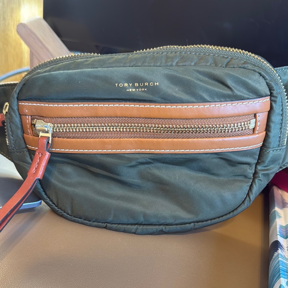 Tory Burch Green and Brown Belt Bag with Smooth Material and Curved Shape